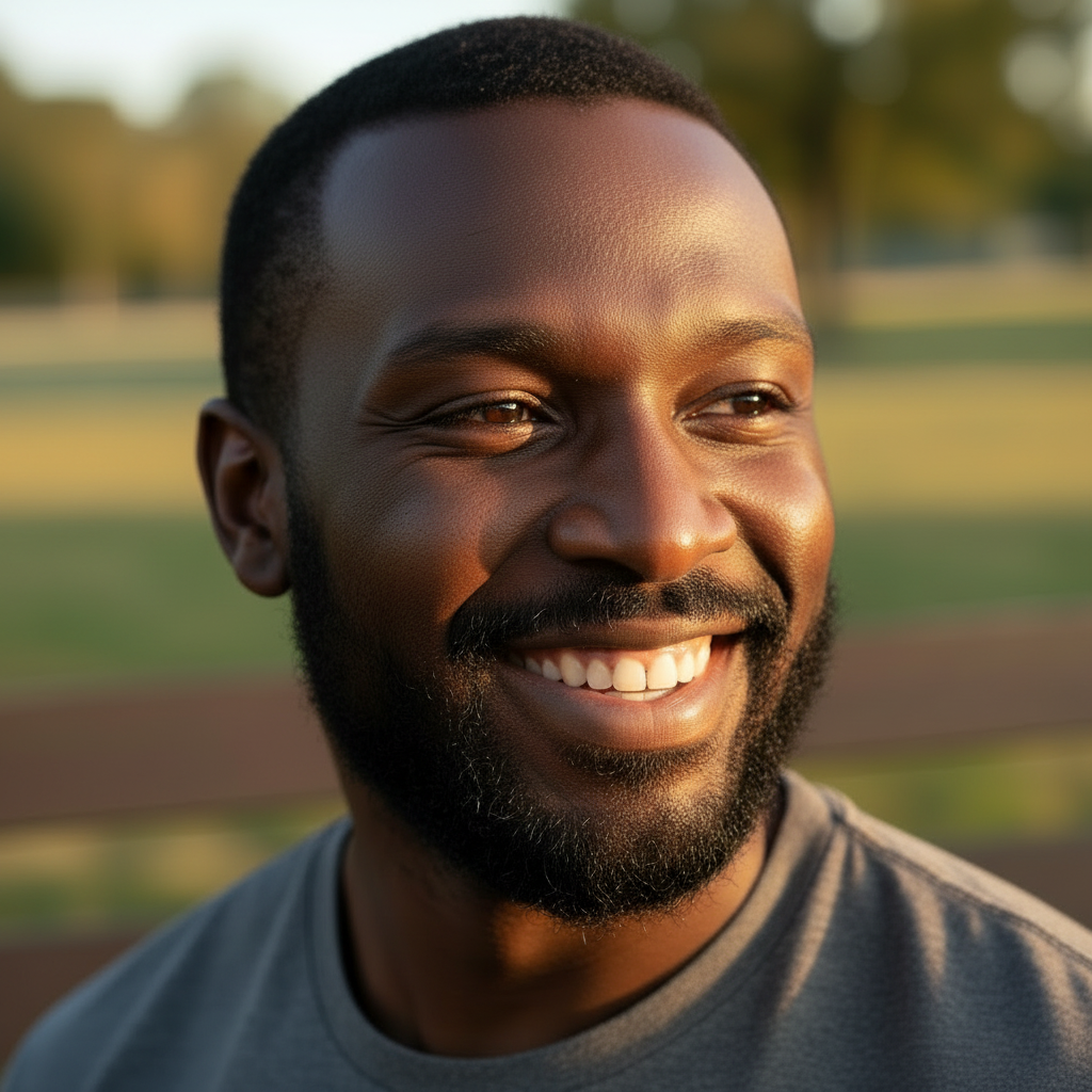 Extreme close-up portrait of a strikingly handsome African American man in his late 20s. Darker complexion, full beard, deep brown eyes, broad warm smile showing teeth — pure joy and confidence. Different build and features from any previous image. Shot on a DSLR camera, natural warm side lighting, shallow depth of field with soft bokeh background. Photojournalistic realism — real skin texture, no over-smoothing, no AI artifacts, no uncanny valley. Tight crop from chest up. Square format.