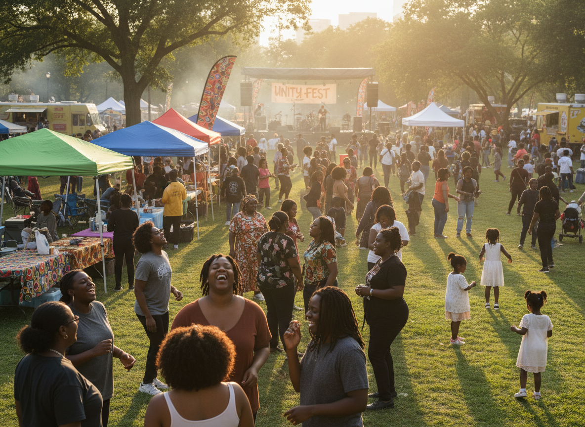 A vibrant outdoor community event with African American and minority attendees gathered in a park