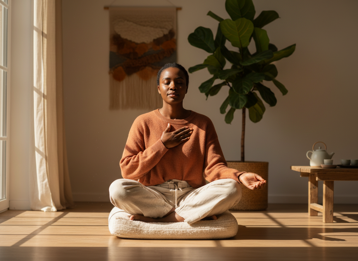 An African American woman sitting peacefully in a cozy sunlit room, eyes closed, hand on heart